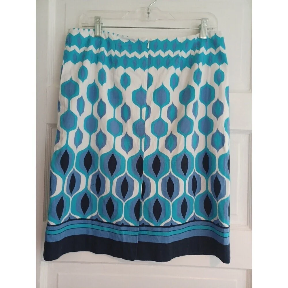 Talbots vintage blue white retro print pencil skirt 10 cotton stretch lined
